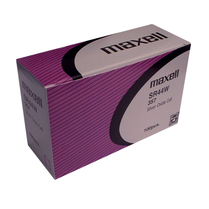 Maxell 357 SR44W - Box of 100. 20 Strips of 5 Batteries