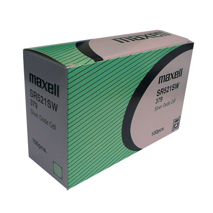 MAXELL 379 SR521SW - Box of 100 Batteries. 20 Strips of 5 Batteries.