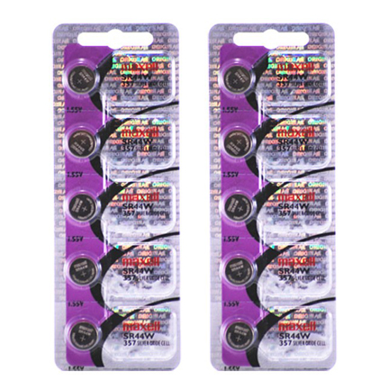 Maxell 357 SR44W - 2 Packs of 5 Batteries + 1 Free 357