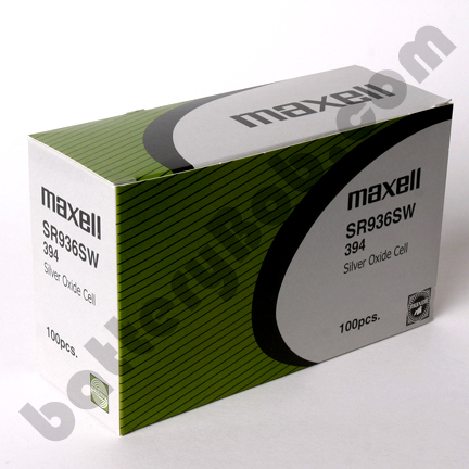 MAXELL 394 SR936SW aka AG9 - Box of 100. 20 Strips of 5 Batteries.